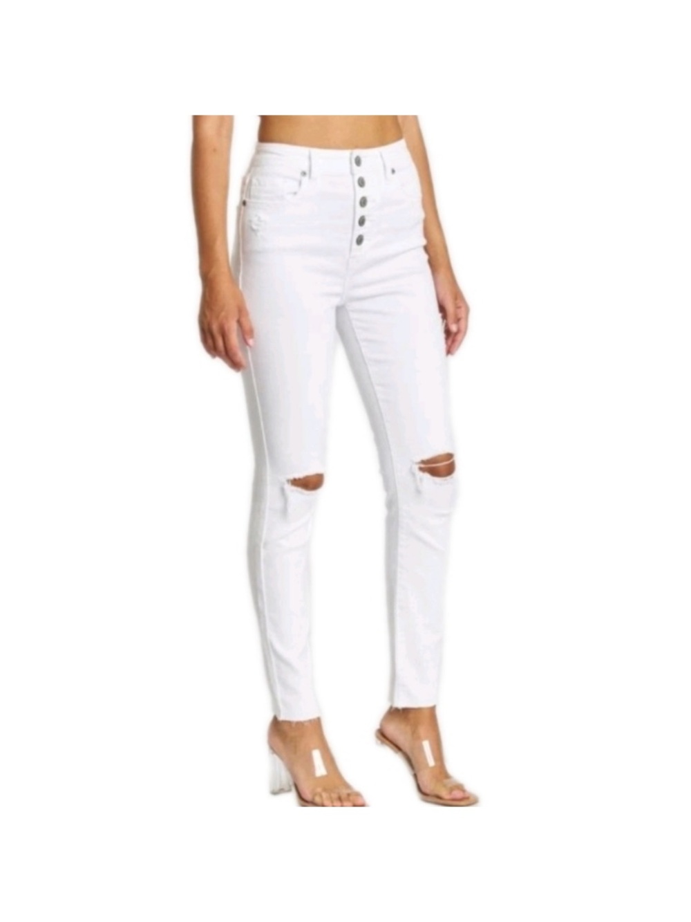 eunina White Button-Fly High-Waist Jeans with Navy Tag String